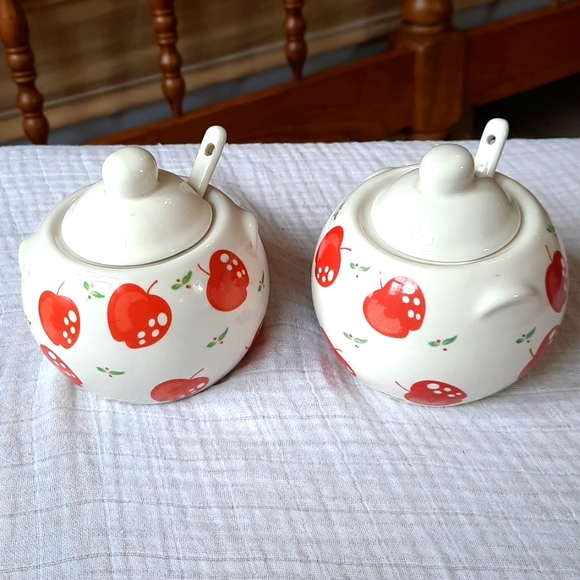 Other - Pair of apple 🍎 pattern sugar and cream containers,  small spoons and lids